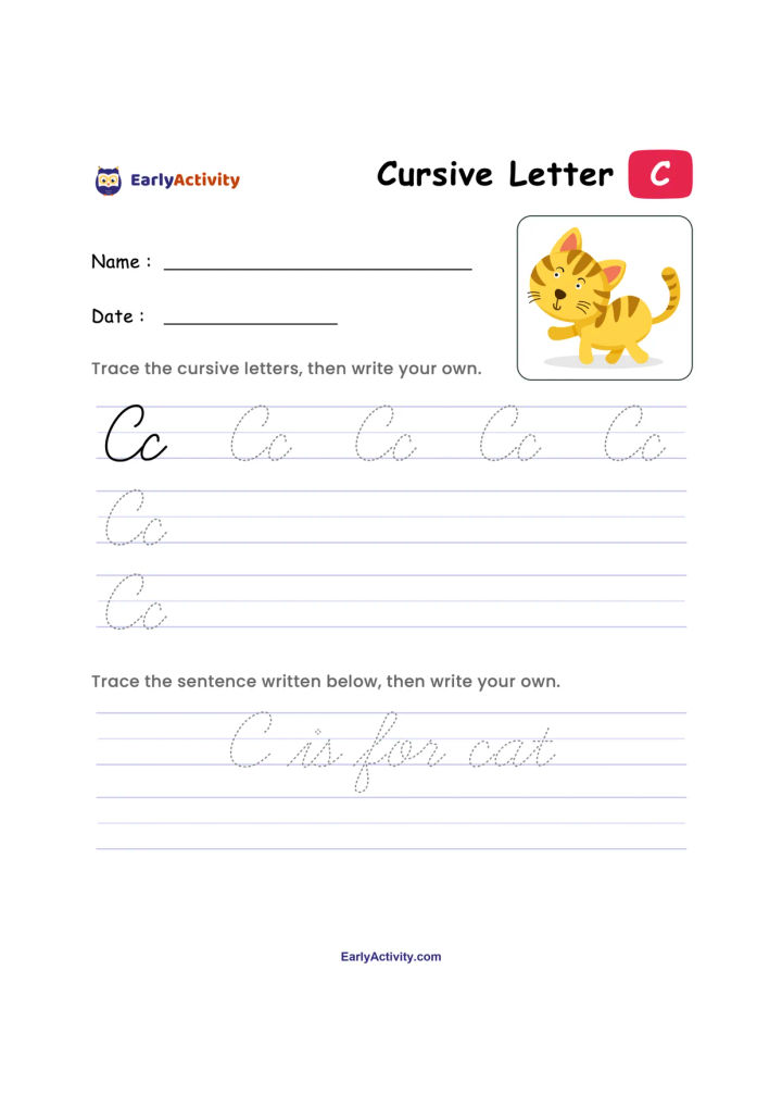 Worksheet with a cat illustration, uppercase and lowercase cursive C tracing, writing lines, and a sentence to trace and copy.
