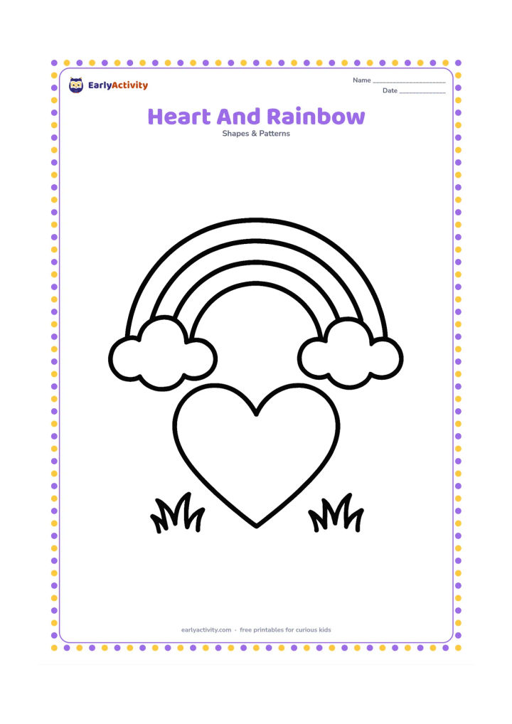 Colouring page: Place one large heart beneath a wide three-band rainbow, with two simple clouds and a little grass at the bottom.