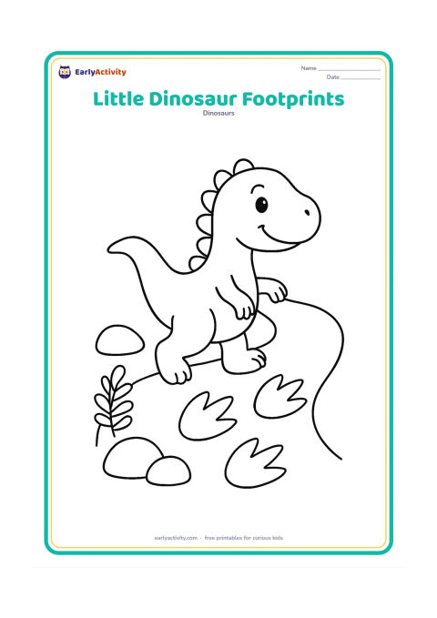 Colouring page: Draw a baby dinosaur walking along a path while looking back at a short trail of three-toed footprints. Add two rounded rocks and one simple fern near the path.