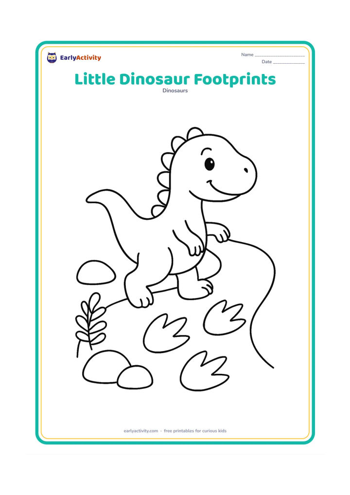 Colouring page: Draw a baby dinosaur walking along a path while looking back at a short trail of three-toed footprints. Add two rounded rocks and one simple fern near the path.