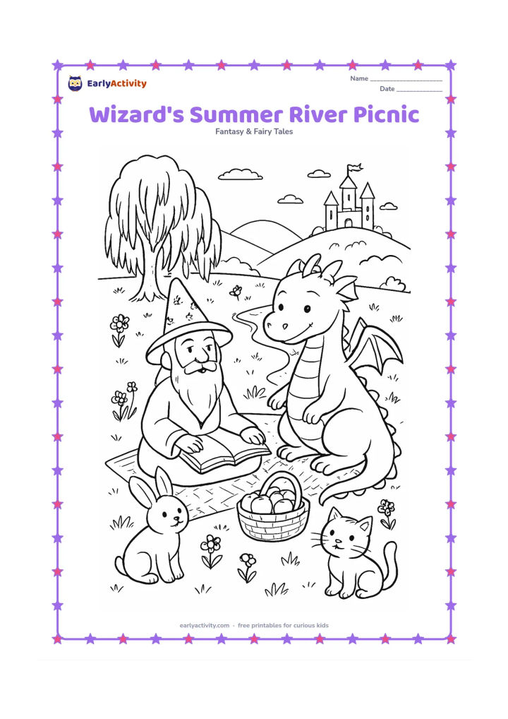 Colouring page: A wizard shares a picnic beside a flowing river with a friendly dragon, rabbit and cat. Include a patterned blanket, fruit basket, spell book with blank pages, willow trees, stepping…