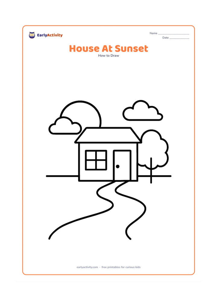 Worksheet: Show a simple house with a flat roof, two windows and a door against a low horizon, with a large setting sun and two rounded clouds behind it. Add one simple tree and a winding path in…
