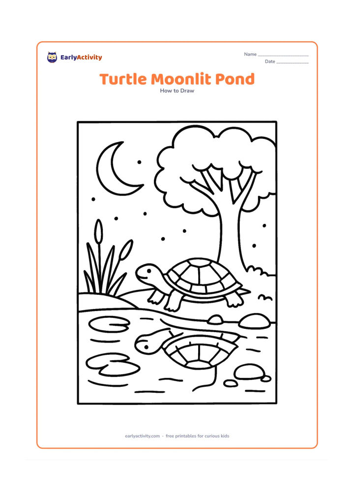 Worksheet: Draw a pond turtle resting on a moonlit bank beneath a large tree, with its reflection in the water. Add reeds, lotus leaves, smooth stones, fireflies shown as tiny glowing dots and a…