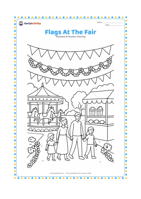 Colouring page: Draw a cheerful Indian fairground walkway decorated with blank flags, a small carousel, flower garlands, a snack stall and families strolling peacefully. Keep the flags and stall panels…
