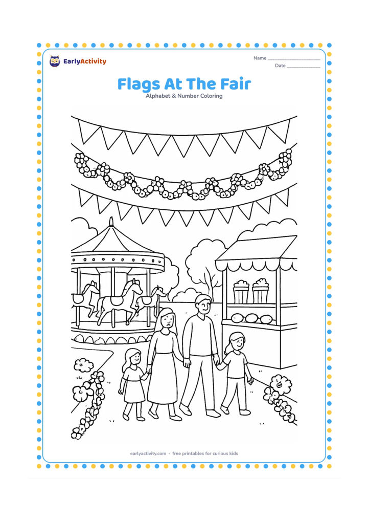 Colouring page: Draw a cheerful Indian fairground walkway decorated with blank flags, a small carousel, flower garlands, a snack stall and families strolling peacefully. Keep the flags and stall panels…