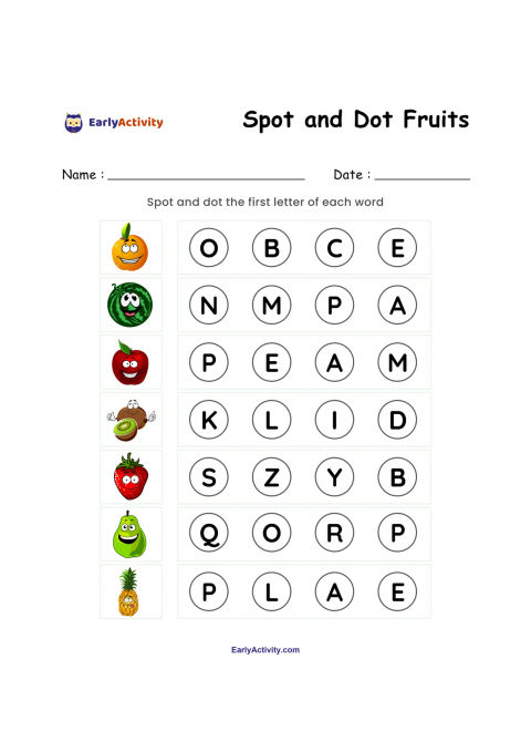 Worksheet showing seven fruit pictures with rows of letter choices for spotting and dotting each fruit’s first letter.