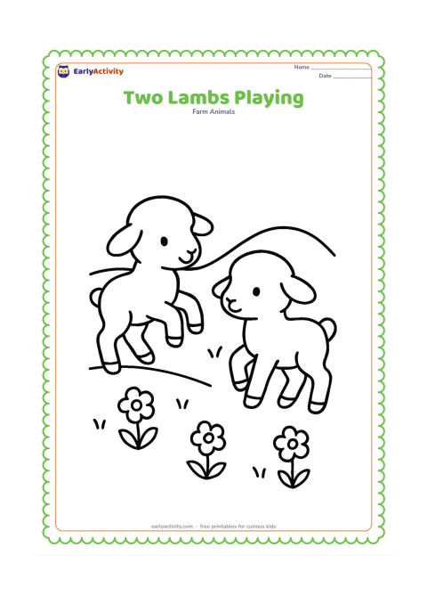 Colouring page: Two small lambs face each other as if gently hopping in a grassy space, with a few flowers and a low hill behind them. Keep their bodies separate and easy to colour.