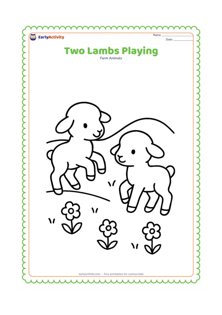 Colouring page: Two small lambs face each other as if gently hopping in a grassy space, with a few flowers and a low hill behind them. Keep their bodies separate and easy to colour.