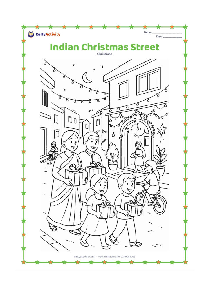 Colouring page: Draw a lively Indian neighbourhood street at dusk with families carrying gifts, a decorated home entrance, strings of lights, a small star display, bicycles and potted plants.