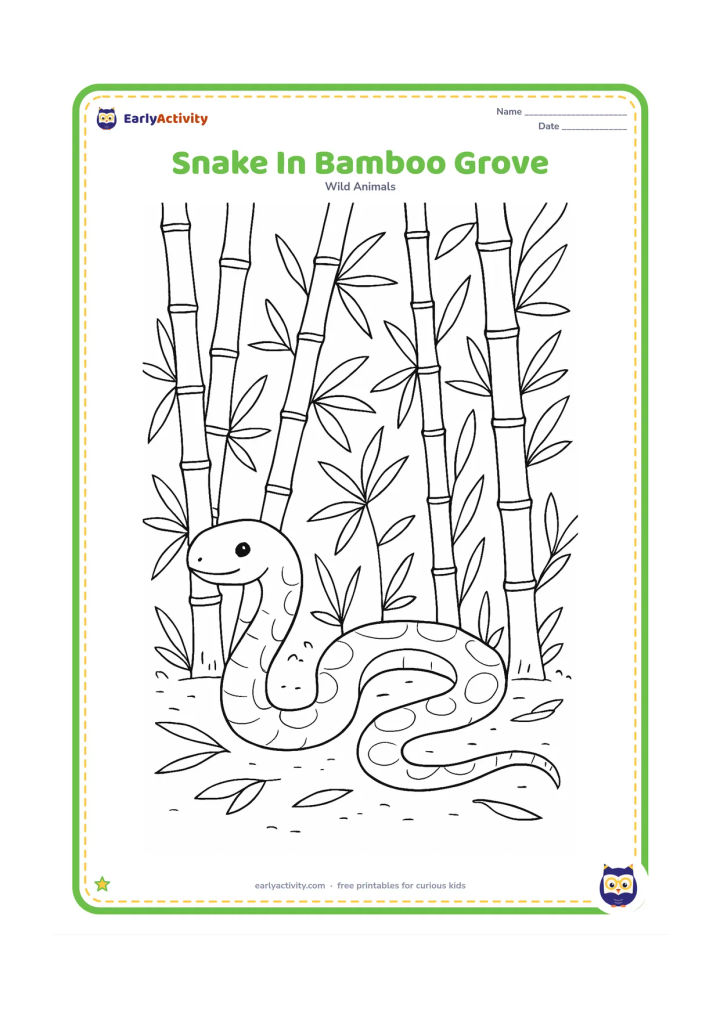 Colouring page: Draw a snake looping gently around the base of bamboo plants, with tall segmented stems, narrow leaves, fallen leaves, and dappled ground. Show the snake's movement through the grove.