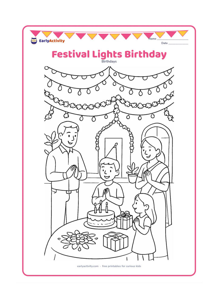 Colouring page: A family celebrates a birthday in a decorated courtyard during an evening festival, with a child receiving good wishes beside a cake and gifts. Include strings of unlit decorative lamps,…