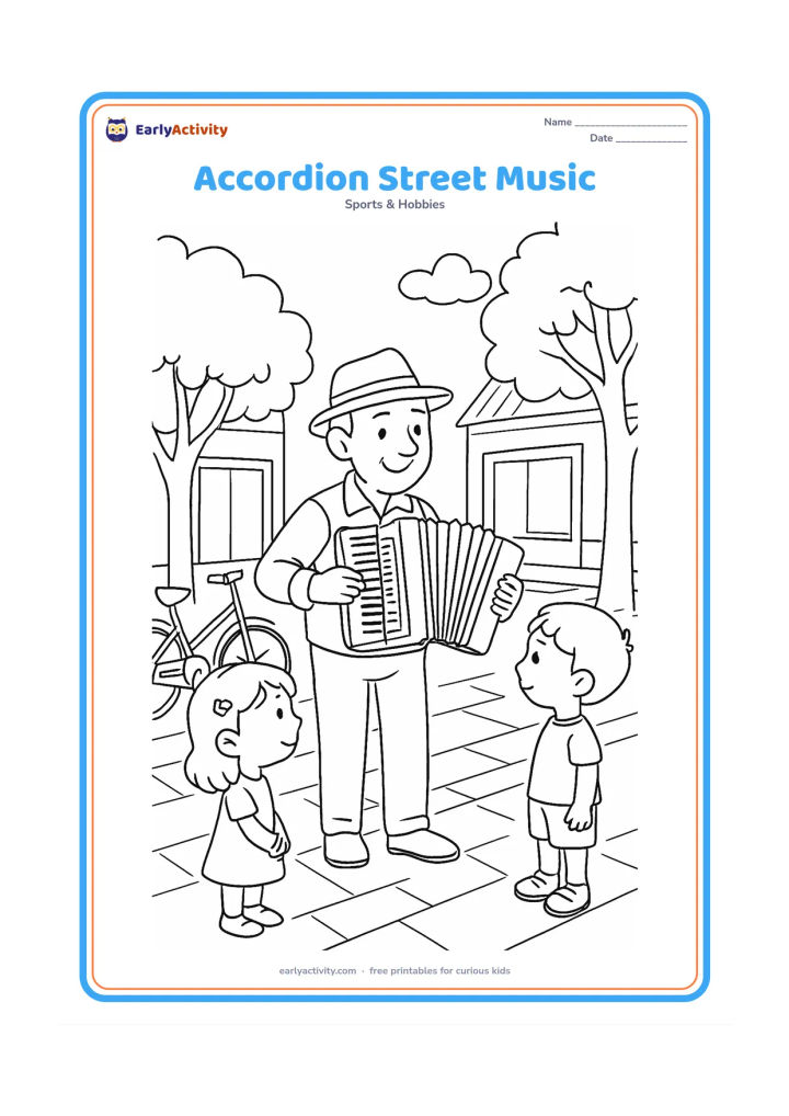 Colouring page: A friendly street musician plays an accordion on a pedestrian lane while two children listen. Include shop fronts without signs, paving stones, a bicycle and leafy trees.
