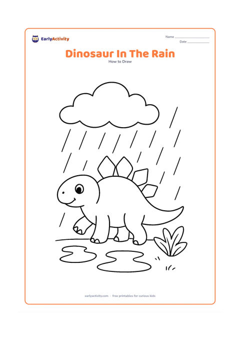 Worksheet: Show a plated dinosaur walking through a gentle rain shower, with construction steps for its body, tail, legs, plates, and raised foot. Add a large cloud, broad raindrop lines, puddles,…