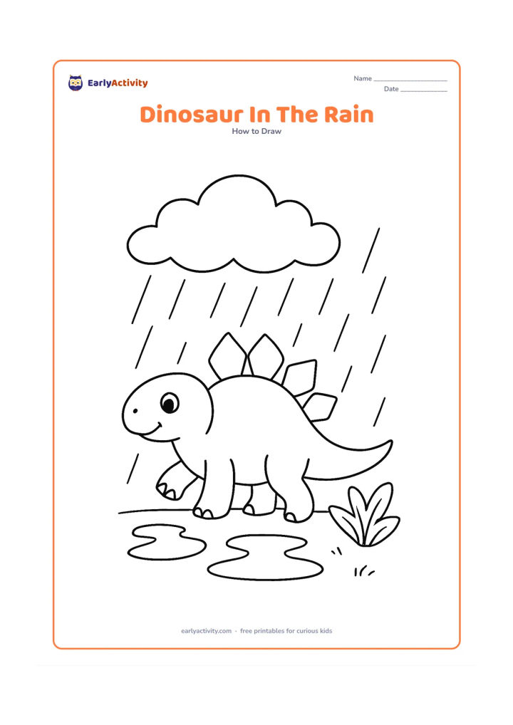 Worksheet: Show a plated dinosaur walking through a gentle rain shower, with construction steps for its body, tail, legs, plates, and raised foot. Add a large cloud, broad raindrop lines, puddles,…