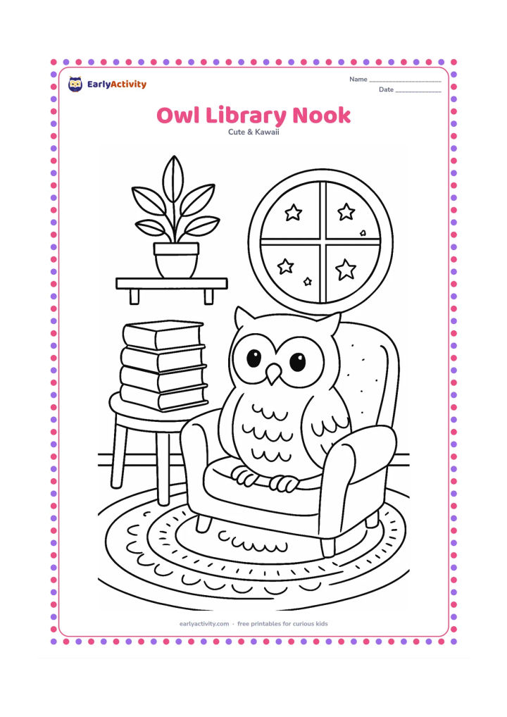 Colouring page: A friendly owl sits in a cosy reading nook beside a stack of blank-covered books, a round window showing stars, a leafy plant and a small rug. Keep every book cover and wall decoration…