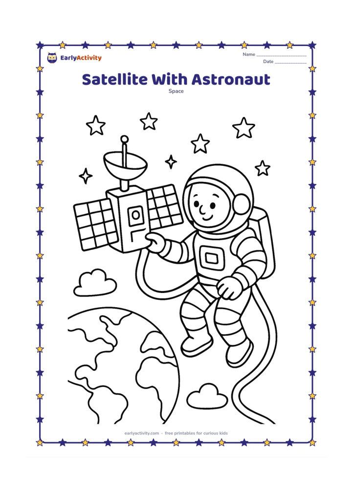 Colouring page: Show an astronaut in a spacesuit carefully inspecting a nearby artificial satellite during a spacewalk, with Earth, clouds, stars, a tether, solar panels, and a camera unit behind them.…