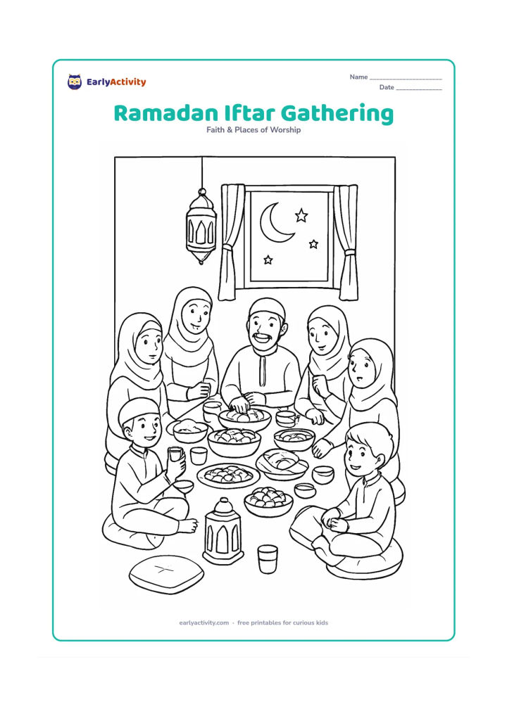 Colouring page: A family and friends gather around a long iftar table with several lanterns, dates, bowls, bread, cups, cushions, and an open window showing the evening sky. Give each person a different…