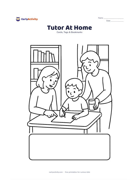 Worksheet: A tutor sits beside a child at a home study table, pointing kindly to a blank worksheet while a parent places a glass of water nearby. Include a bookshelf and window, with a large empty…