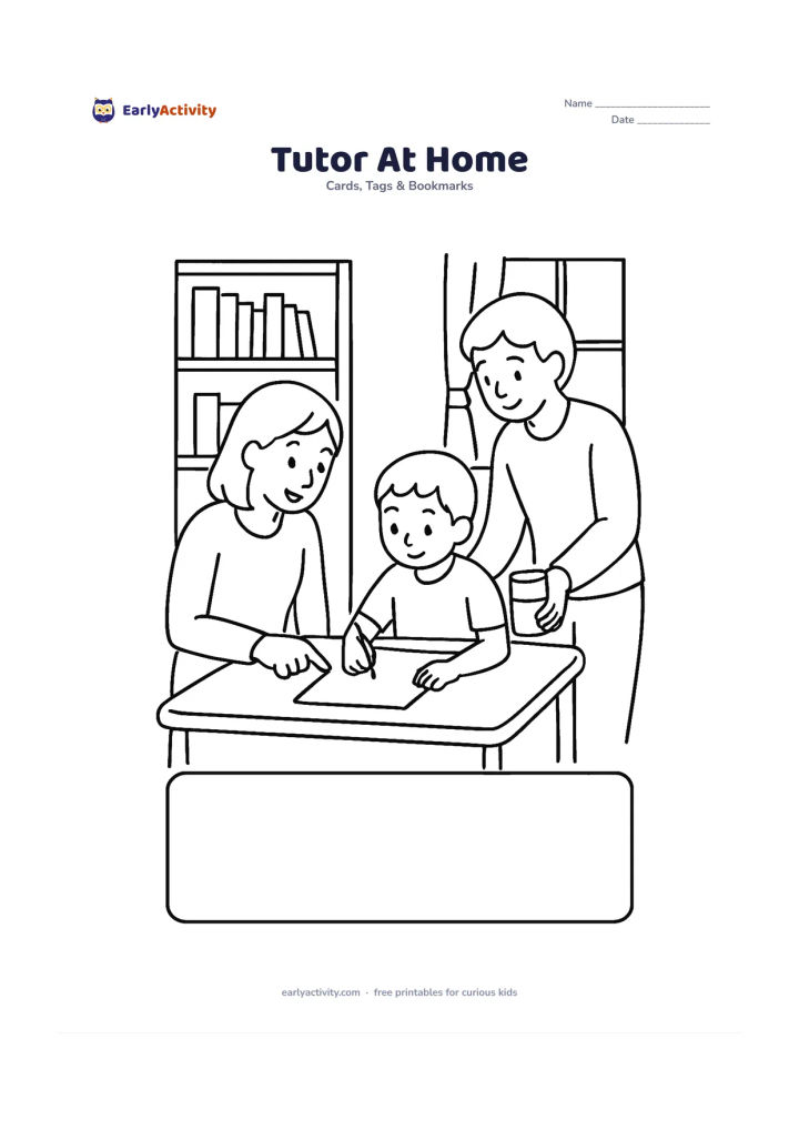 Worksheet: A tutor sits beside a child at a home study table, pointing kindly to a blank worksheet while a parent places a glass of water nearby. Include a bookshelf and window, with a large empty…