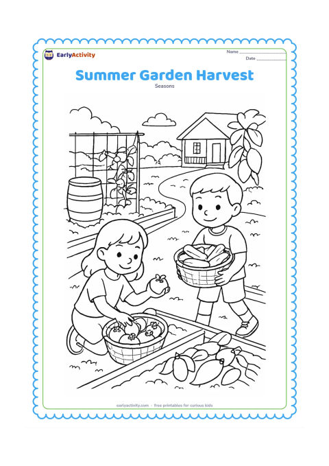 Colouring page: Two children collect tomatoes, cucumbers and mangoes in baskets in a vegetable garden. Show raised beds, a trellis, a water barrel, a shaded path and a distant house with an open veranda.