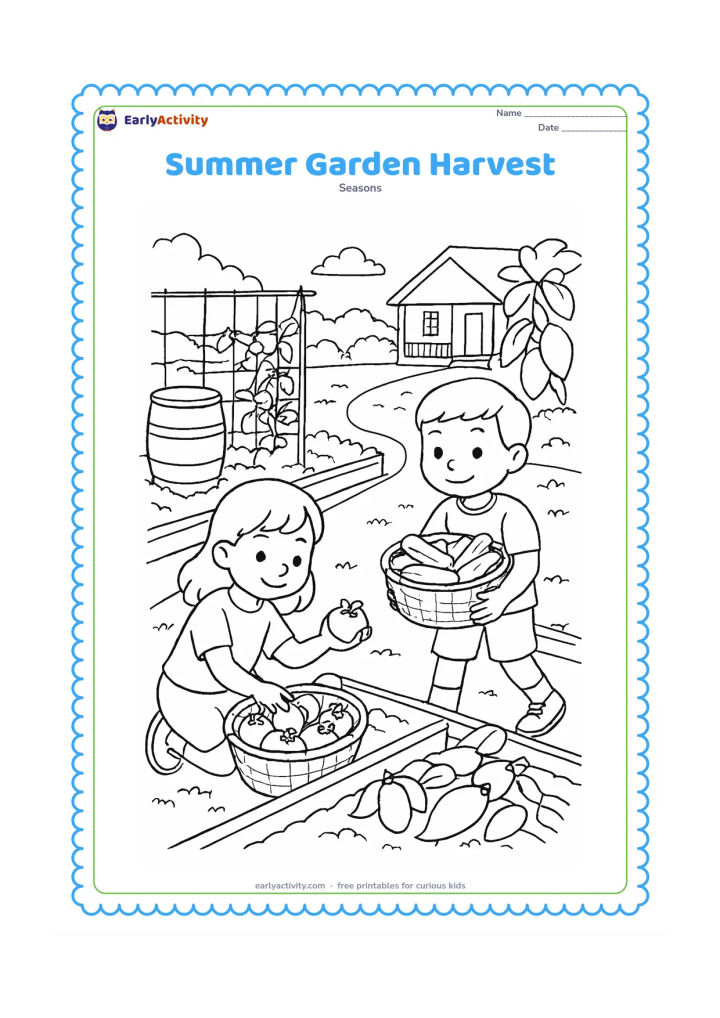 Colouring page: Two children collect tomatoes, cucumbers and mangoes in baskets in a vegetable garden. Show raised beds, a trellis, a water barrel, a shaded path and a distant house with an open veranda.