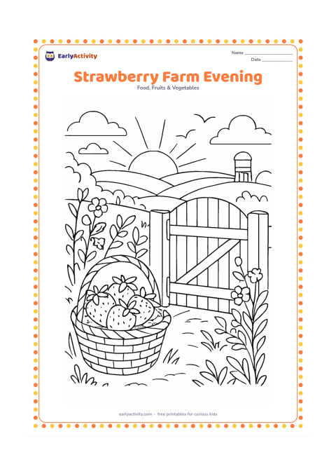 Colouring page: Draw a basket of strawberries beside a garden gate at sunset, with long shadows, flowering plants, a distant water tank, and a few birds in the sky.