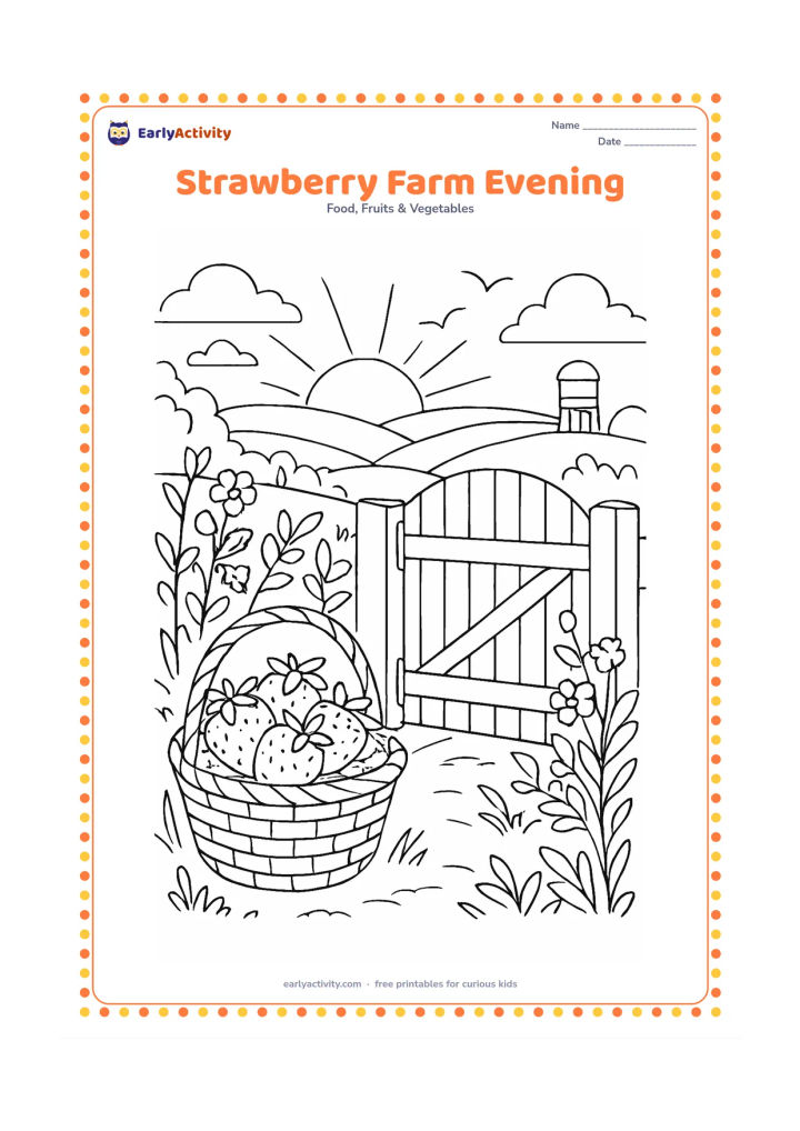 Colouring page: Draw a basket of strawberries beside a garden gate at sunset, with long shadows, flowering plants, a distant water tank, and a few birds in the sky.