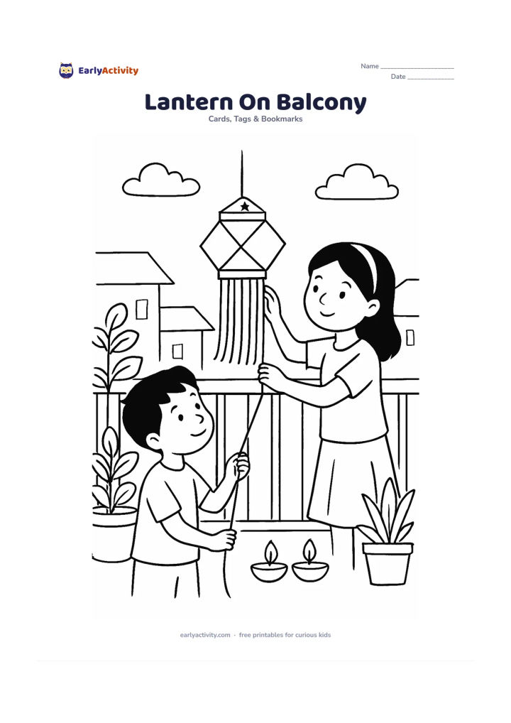 Worksheet: Draw a child tying a hanging lantern to a balcony railing while another child holds the string below. Add potted plants, two small diyas and a view of neighbouring rooftops in the…