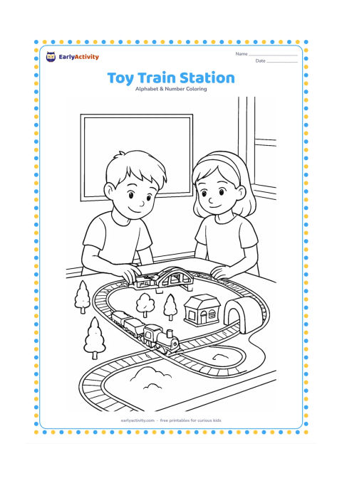 Colouring page: Draw children playing with a large toy train layout on a classroom table, including tracks, a bridge, trees, a tunnel, tiny blank carriages, and a toy station building. Show one child…