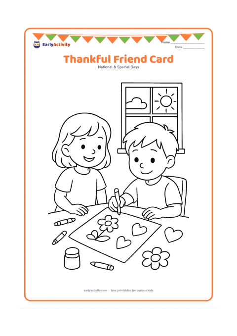 Colouring page: A child decorates a large blank card with flowers and hearts while another friend watches and smiles at a nearby table. Include crayons, a glue pot, paper shapes, and a sunny classroom…