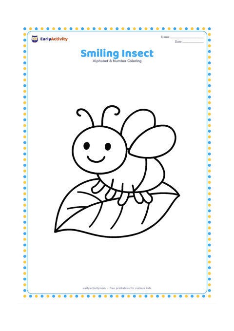 Colouring page: Draw one friendly six-legged insect with two simple wings, round eyes, and a happy face standing on a large leaf. Keep the body and wings oversized.