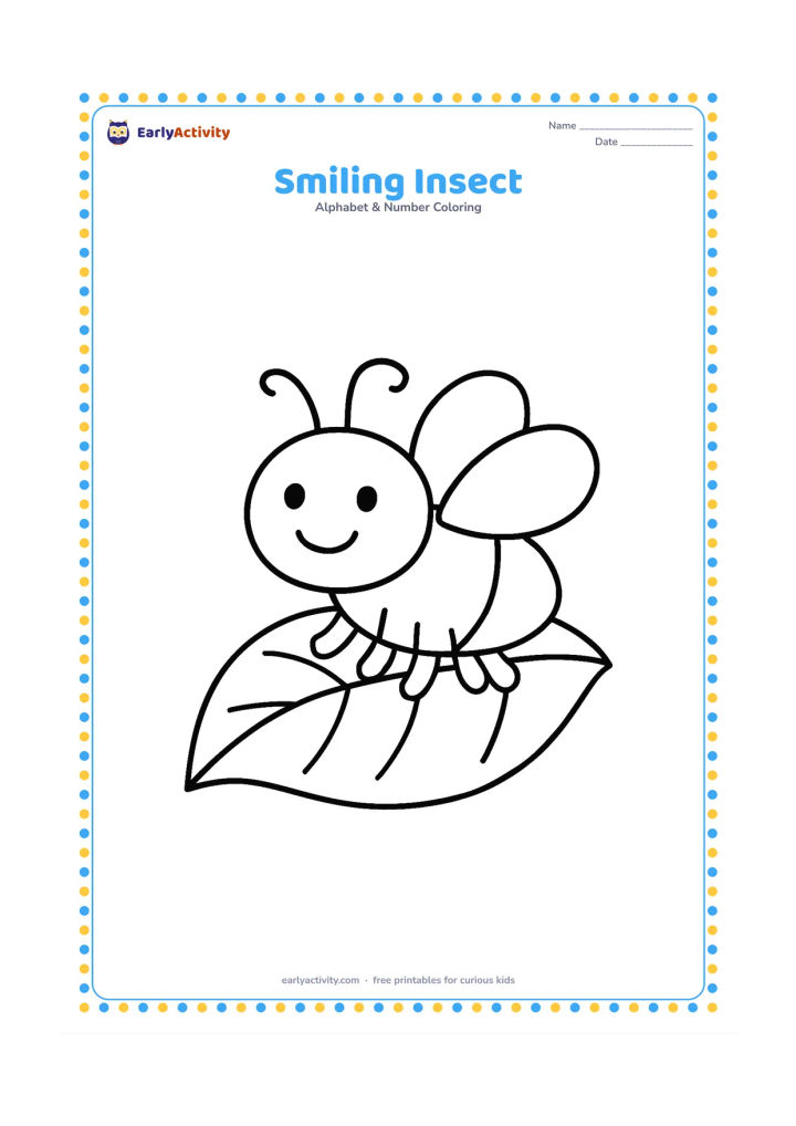 Colouring page: Draw one friendly six-legged insect with two simple wings, round eyes, and a happy face standing on a large leaf. Keep the body and wings oversized.