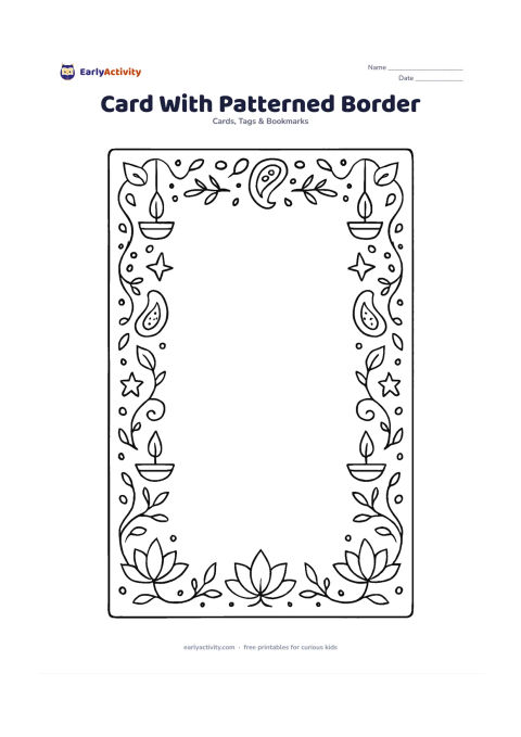 Worksheet: Draw a portrait card layout with a wide repeating border of lamps, paisleys, stars and leaves around a completely empty centre. Add a small lotus at each lower corner and a subtle fold…