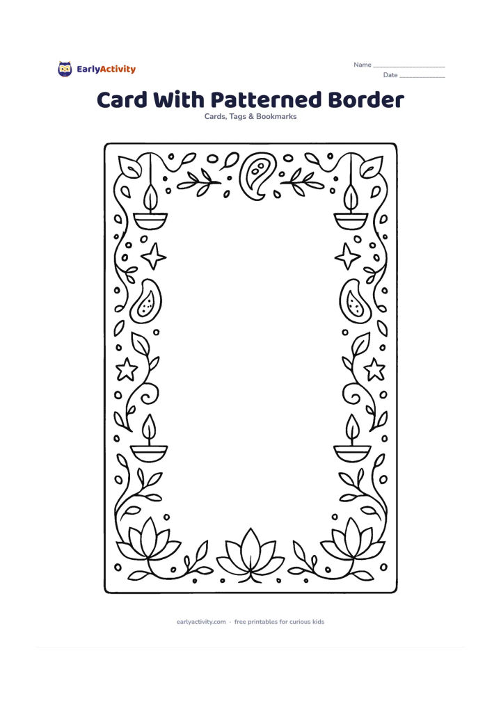 Worksheet: Draw a portrait card layout with a wide repeating border of lamps, paisleys, stars and leaves around a completely empty centre. Add a small lotus at each lower corner and a subtle fold…