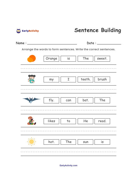 Worksheet with five picture prompts and mixed-up word boxes for building sentences about an orange, brushing teeth, a flying bat, reading, and the sun.