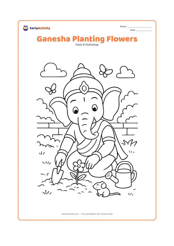 Colouring page: Lord Ganesha kneels in a garden and plants a young flowering plant with a small hand trowel. Include a watering pot, garden bed, mouse companion, butterflies and a low Indian courtyard wall.