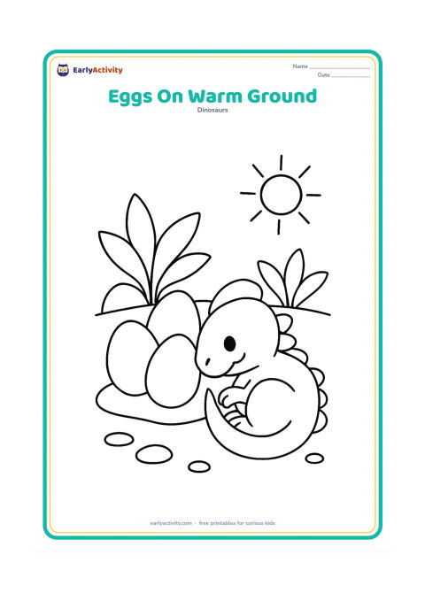 Colouring page: Draw a baby dinosaur curled beside a group of four large eggs on a warm, flat rocky patch. Include one sun shape and two broad plants in the background.