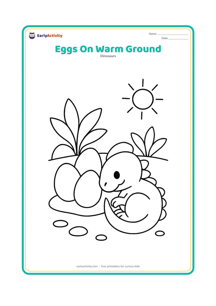 Colouring page: Draw a baby dinosaur curled beside a group of four large eggs on a warm, flat rocky patch. Include one sun shape and two broad plants in the background.