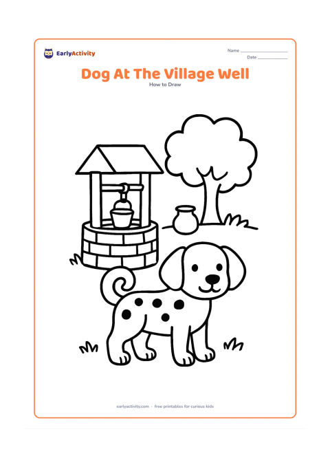 Worksheet: Show blank, unlabeled stages for a standing dog beside a simple village well, with a tree, grass and a clay water pot in the background. Give the dog a curled tail and a spotted coat.