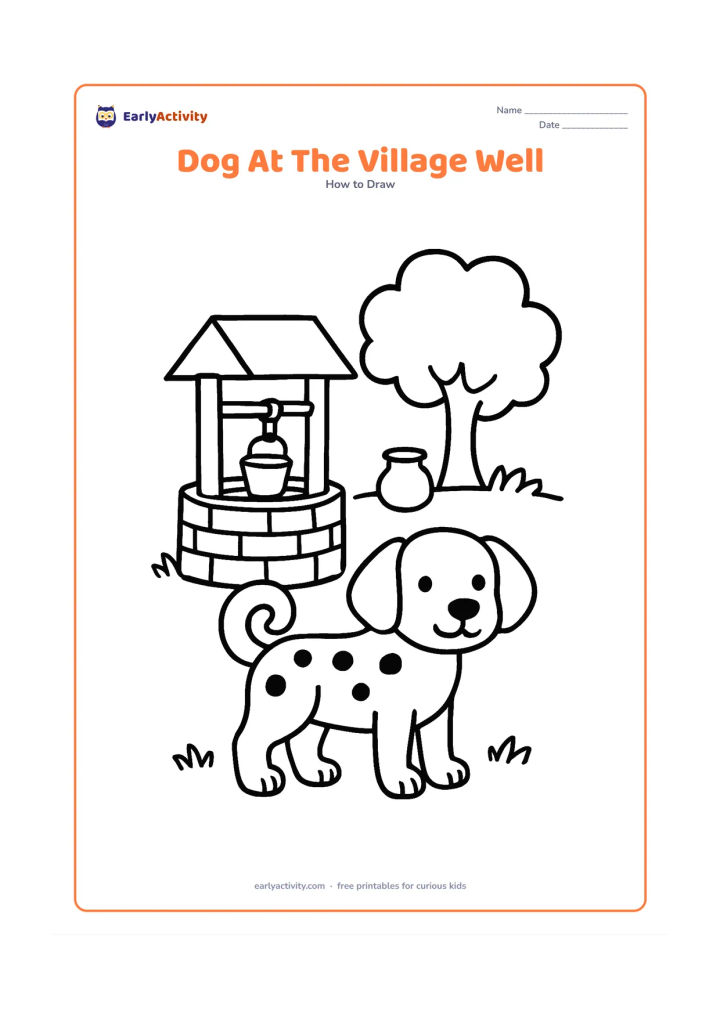 Worksheet: Show blank, unlabeled stages for a standing dog beside a simple village well, with a tree, grass and a clay water pot in the background. Give the dog a curled tail and a spotted coat.