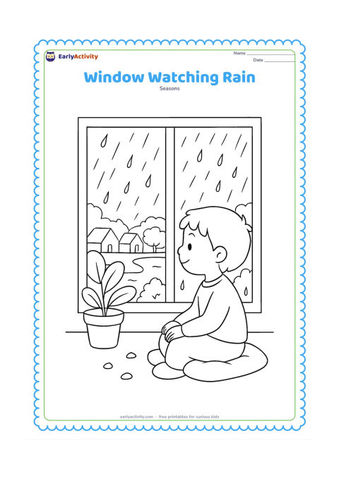 Colouring page: A child sits safely inside beside a large window, watching rain fall over rooftops, trees and a distant pond. Place a cushion, a potted plant and a few water droplets on the glass in the…