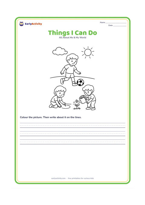 Worksheet: A child stands in the centre of a three-part outdoor scene: kicking a football, drawing with chalk and watering a plant. Use separate areas with clear actions and no written activity labels.