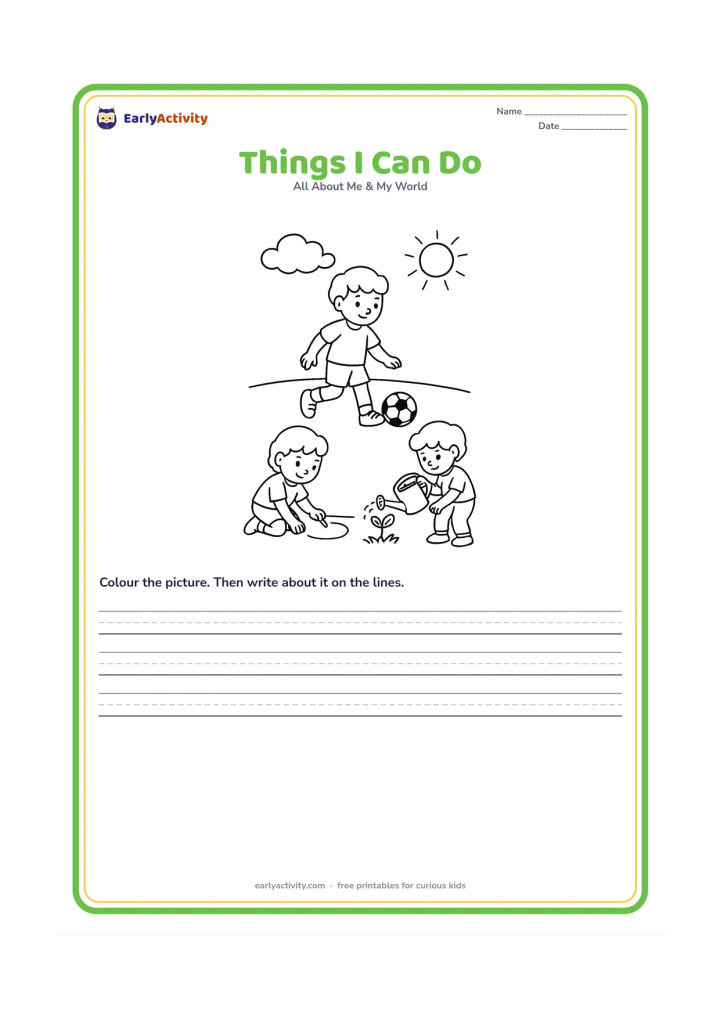 Worksheet: A child stands in the centre of a three-part outdoor scene: kicking a football, drawing with chalk and watering a plant. Use separate areas with clear actions and no written activity labels.