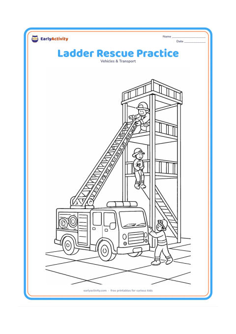Colouring page: Draw a detailed ladder truck beside a training tower, with a long ladder reaching an upper platform and firefighters practising a safe rescue drill. Include railings, helmets, coiled…