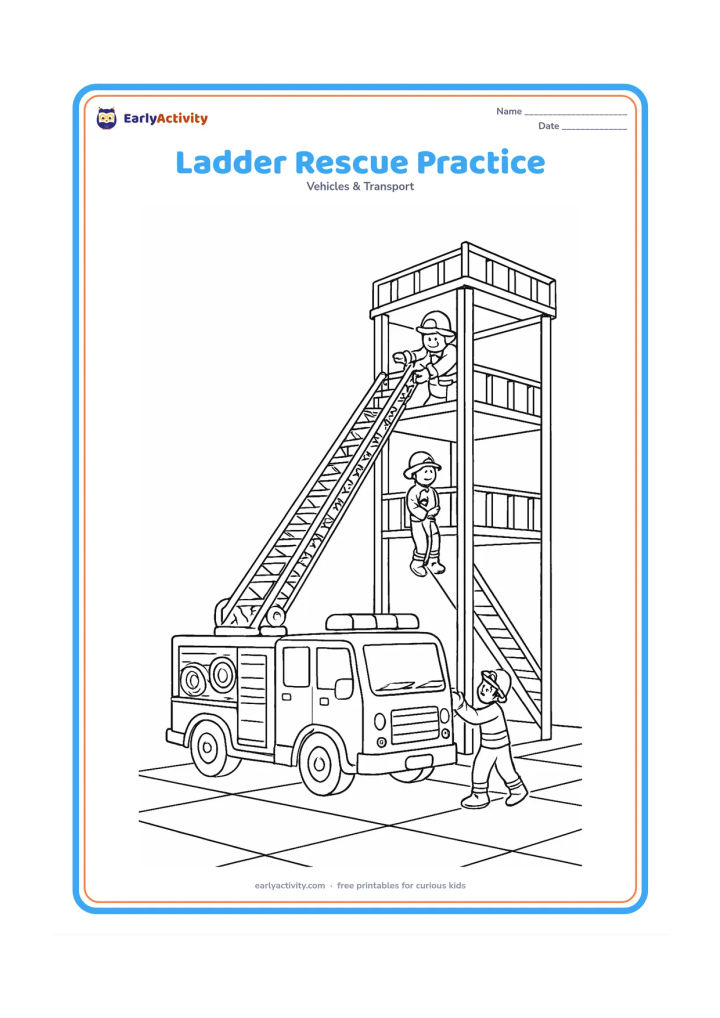 Colouring page: Draw a detailed ladder truck beside a training tower, with a long ladder reaching an upper platform and firefighters practising a safe rescue drill. Include railings, helmets, coiled…