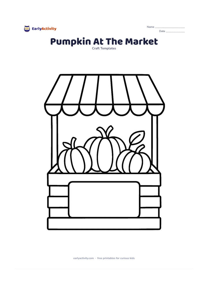 Worksheet: A small group of pumpkins sits in a low vegetable stall basket with a simple cloth canopy, broad basket lines, and two leaves. Include an open blank panel on the basket for children to…