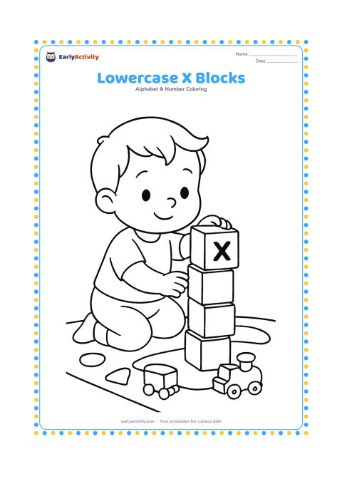 Colouring page: Draw a toddler building a tower from plain alphabet blocks, with one large block showing a lowercase x symbol. Add a toy train and a playroom rug.