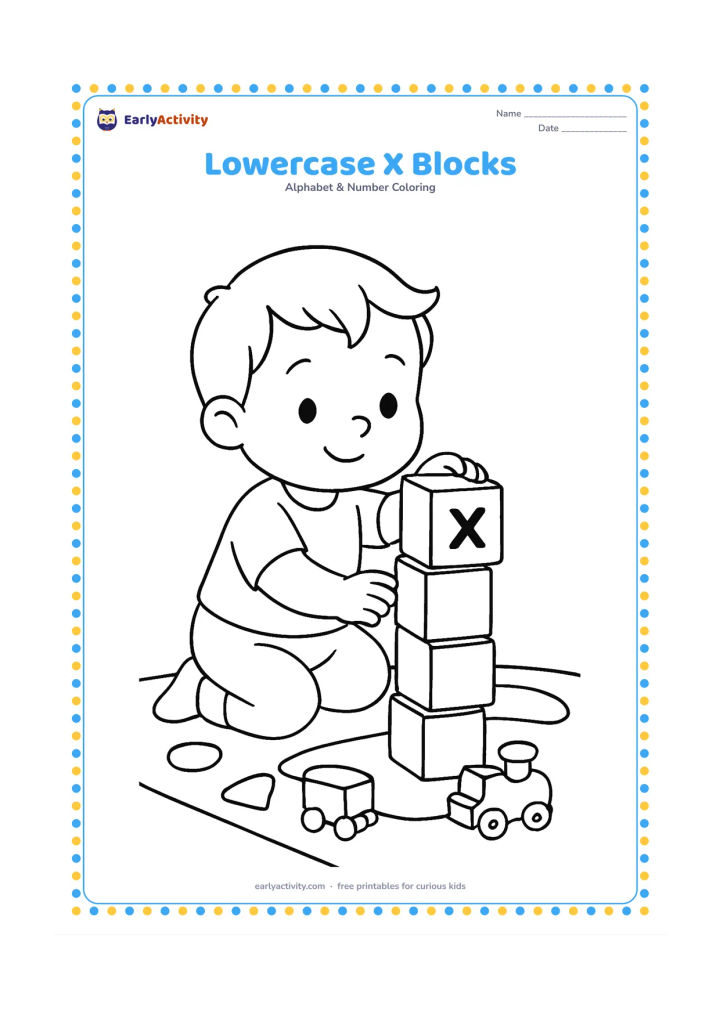 Colouring page: Draw a toddler building a tower from plain alphabet blocks, with one large block showing a lowercase x symbol. Add a toy train and a playroom rug.
