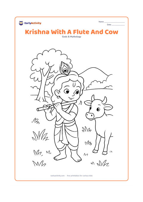 Colouring page: Draw Krishna standing in a Vrindavan-style meadow, playing his flute while a cow listens nearby. Include a leafy tree, distant rounded hills, grasses, and a peacock feather on Krishna's…