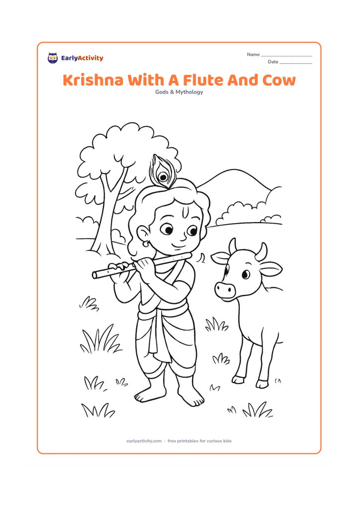 Colouring page: Draw Krishna standing in a Vrindavan-style meadow, playing his flute while a cow listens nearby. Include a leafy tree, distant rounded hills, grasses, and a peacock feather on Krishna's…